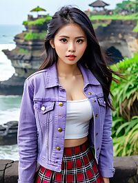 The Vietnamese girl in the purple denim jacket stands amidst Tanah Lot Bali
