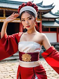 Cambodian woman in red wedding dress dances joyfully at a Japanese themed parade
