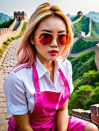 Mongolian girl with big breasts and a nice perky butt stands on the Great Wall of China