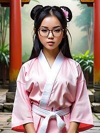 A petite pale skinned Cambodian girl in pink karate robes on the streets of Kuala Lumpur