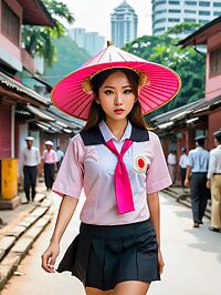 A petite Nepalese girl in a black school uniform wears a pink sun hat