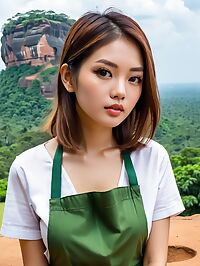 The 26 year old Asian girl wearing a green apron stands amidst ancient Sigiriya ruins in Sri Lanka