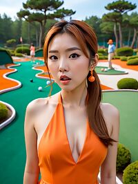 Asian girl in the orange halter plays amidst sculptures on a mini golf course
